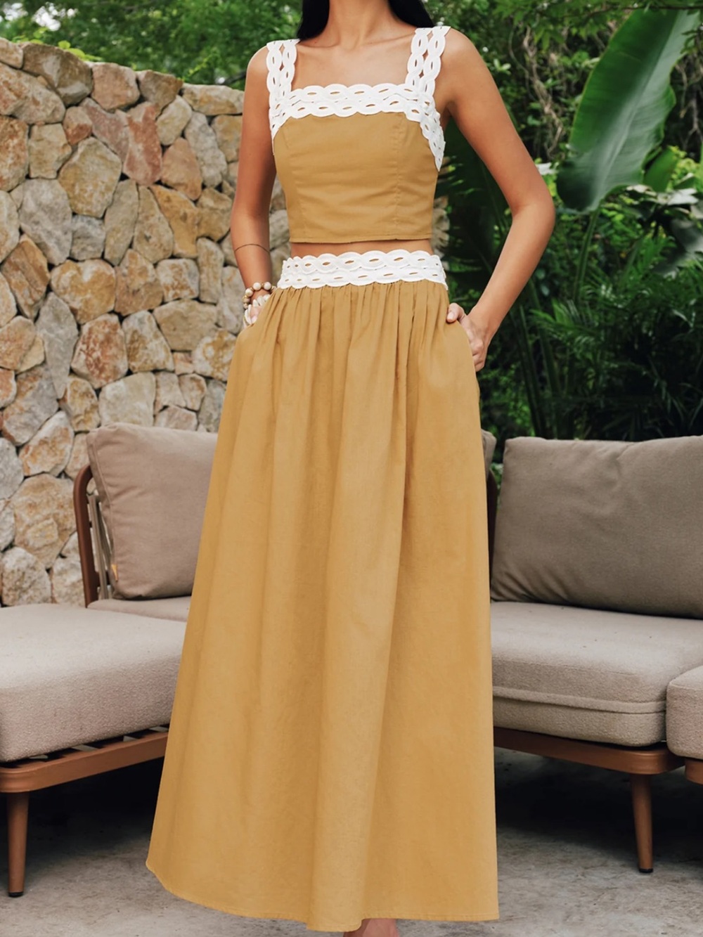 Commense Contrast Trim Cotton Linen Top & Skirt Set Size Large NWT - Picture 5 of 8